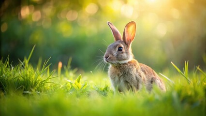 Fototapeta premium Kaninchen in a lush grassland landscape, rabbit, meadow, bunny, pasture, green, nature, field, wildlife, cute