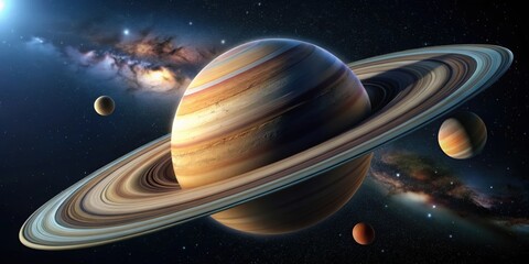 Fototapeta premium Gas giant with distinctive rings and multiple moons, Saturn, planet, rings, space, astronomy, solar system, gas giant