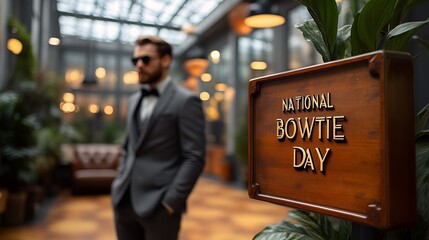A sign that reads “NATIONAL BOWTIE DAY”. - in the background there is an executive wearing a bow tie - holiday - - stylish - well-dressed 