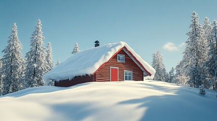 A cozy red cabin sits nestled in a snowy forest, with a thick layer of snow covering the roof and ground. The blue sky above adds a sense of tranquility and peace.