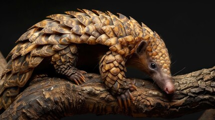 Obraz premium A close-up image of a pangolin with hairy back, resting on a branch in a natural habitat.