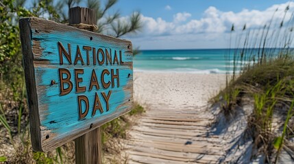 Fototapeta premium A sign that reads “NATIONAL BEACH DAY” - A boardwalk leads to a pristine beach with blue-green water and white sand - holiday recognition - August - coast - Vacation - getaway 