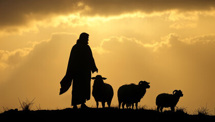 Shepherd Jesus Christ Taking Care of Missing Lamb. Warm Toned Soft Picture
