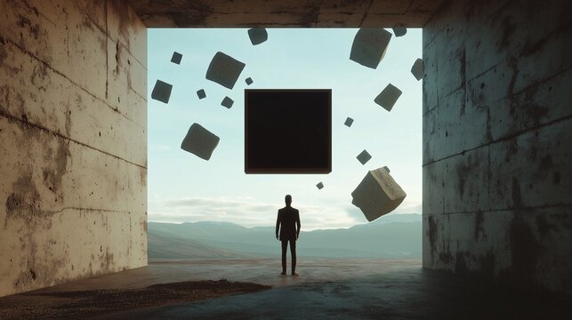 The Enigma of the Monolith: A lone figure contemplates a colossal black monolith hovering amidst a cascade of smaller cubes within a stark concrete structure. 