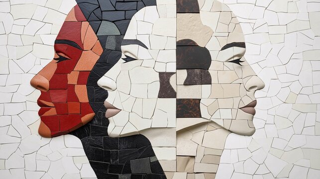 Mosaic of Humanity: Four diverse faces, crafted from a vibrant mosaic of ceramic tiles, symbolize unity and individuality in a captivating artwork. 