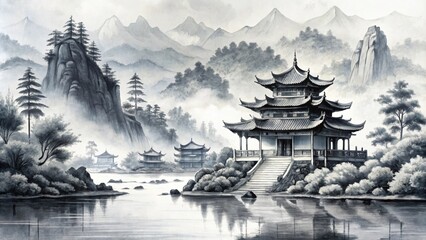 Obraz premium Explore the beauty of Asia through intricate ink s, Asia, ink, art, culture, traditional, drawing, painting