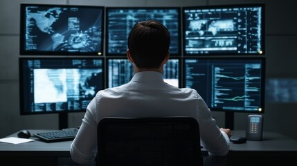 Cybersecurity Specialist: A lone hacker, shrouded in darkness, monitors multiple screens filled with complex code and data streams. 