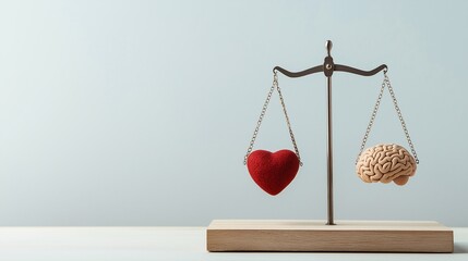 Heart vs. Mind: A delicate balance is depicted as a red heart and a human brain hang from a vintage scale, symbolizing the constant interplay between emotion and intellect.