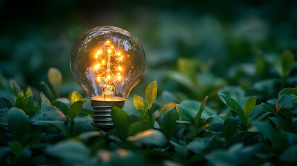 lluminated Light Bulb in Nature, Symbolizing Sustainable Energy and Innovation in Harmony with the Environment