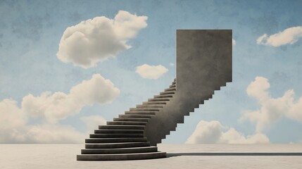 Stairway to Nowhere: A concrete staircase ascends into the clouds, leading to an unknown destination. This surreal image evokes themes of ambition, mystery, and the boundless possibilities of the imag