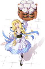 Oktoberfest girl blonde in blue dress carries tray with beer in wooden mugs. Vector cartoon illustration isolated on white