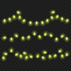 Yellow string lights on dark background, creating a festive ambiance. Vector