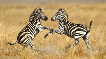 Two zebras are running side by side, kicking up dust in a savanna or field.