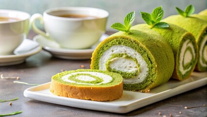 Green tea matcha swiss roll cake with a delicious cream filling , Matcha, green tea, swiss roll, cake, dessert, sweet, cream
