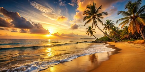 Golden sunset over tranquil tropical beach with gentle waves and palm trees, sunset, tropical, beach, waves, palm trees