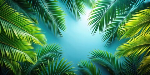 Fototapeta premium Green leaves of palm tree creating a tropical wallpaper, palm tree, green, leaves, wallpaper, tropical, nature, background