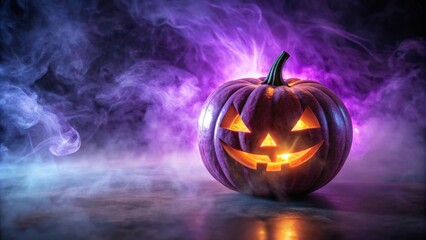 Glowing purple Halloween pumpkin casting an eerie light in the mist , Halloween, pumpkin, glowing, purple, mist, spooky