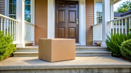 Closed cardboard box on front porch of suburban house , delivery, package, mailbox, neighborhood, residential, home