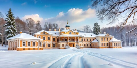 Snow-covered Serednikovo Manor in Moscow Oblast , Winter, estate, historical, architecture, Russia, landmark, cold, snow