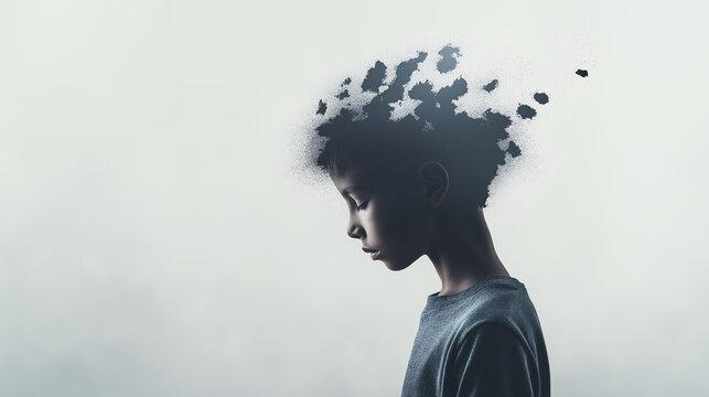 Fragmented Thoughts: A young boy with a cloud of dispersing shapes above his head, symbolizing mental health, anxiety, and the complexities of thought.
