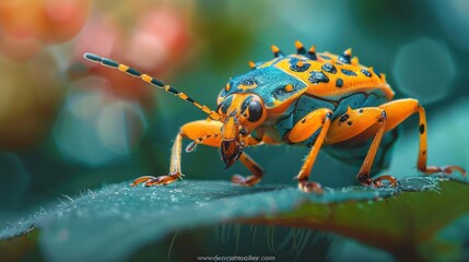 Fototapeta premium a close-up photo of a vibrant, colorful insect with orange and blue hues.