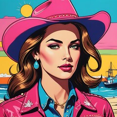 Brunette Cowgirl Wearing Pink Cowboy Hat and Jacket, Illustration