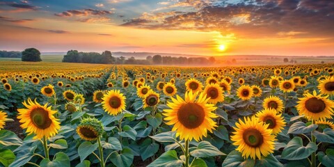 Obraz premium Morning landscape of a high-oleic sunflower field in Ukraine at sunrise , agriculture, sunflowers, growth, nature