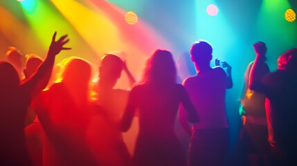 Chromatic Euphoria: Silhouettes dance with abandon under vibrant spotlights, a kaleidoscope of color capturing the energy of the night. 