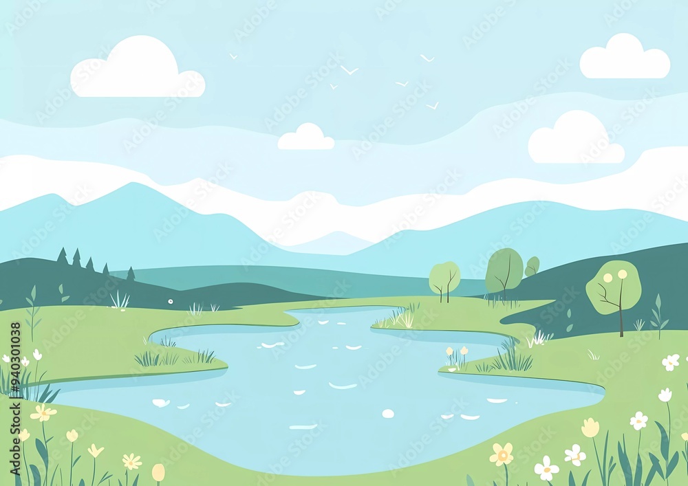 Wall mural Flat vector illustration of a landscape with a river, a simple background, a blue and green color palette,