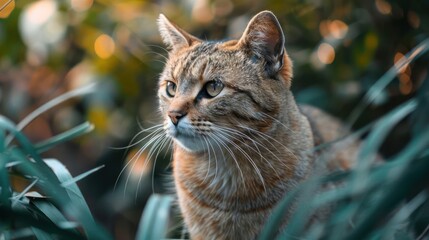 A majestic orange tabby cat with a gaze fixed on something in the distance,