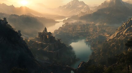 Golden Hour: Misty Mountain Cityscape  