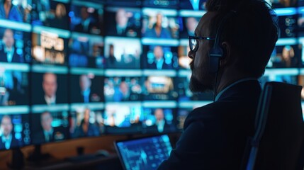 Engineer monitoring multiple screens in control room, overseeing high-tech operations and ensuring smooth functionality.