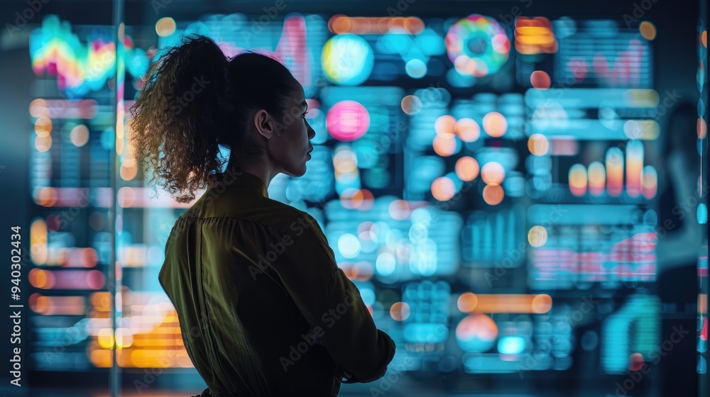 Aufkleber focused professional analyzing futuristic data on a digital screen in a high-tech environment.
