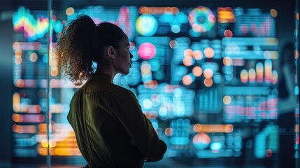 Focused professional analyzing futuristic data on a digital screen in a high-tech environment.