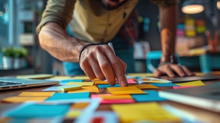 Obraz premium Focused person arranging colorful sticky notes on a desk, emphasizing creativity and planning in a collaborative workspace.