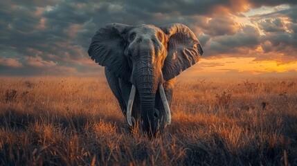 Fototapeta premium A majestic elephant silhouette stands tall in the grassy plains as the sun rises,