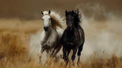 Obraz premium Two wild horses galloping side by side in a dusty field,