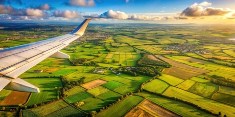 Obraz premium Aerial view of lush Dublin fields with aircraft wing in foreground, Ireland, Dublin, fields, aerial view, aircraft, wing