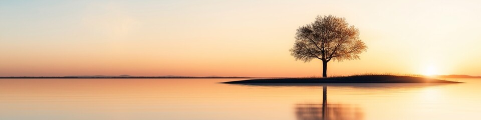 Solitude at Sunset: A lone tree stands in silhouette on a small island, mirrored in the still waters of a lake as the sun dips below the horizon, creating a serene and contemplative atmosphere. 