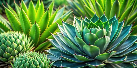 Fototapeta premium Close-up of lush green leaves in nature, featuring agave and cactus plant textures , foliage, garden, nature, green, leaves, close-up