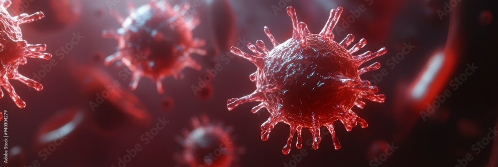 Poster a 3d rendering of virus or bacteria cells under a microscope. the image showcases the complex struct