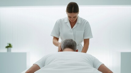 Obraz premium Relaxation and Recovery: A skilled masseuse gently kneads the shoulders of a relaxed client, offering a moment of tranquility and rejuvenation. 