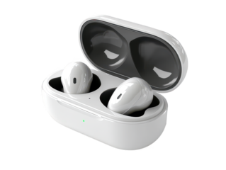 Wireless earbuds with charging case on Transparent background