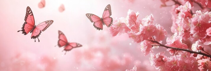 A beautiful image of pink flowers blooming in the springtime, with delicate butterflies fluttering around them. The flowers symbolize beauty, growth, and new beginnings, while the butterflies represen