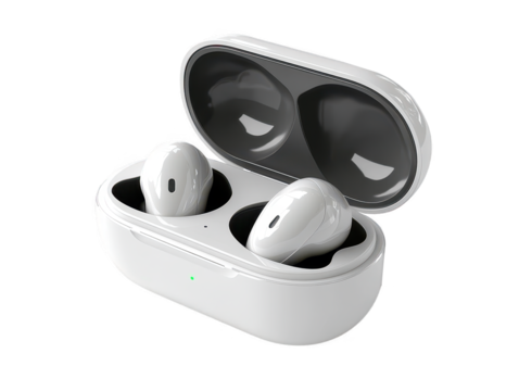 Wireless earbuds with charging case on Transparent background
