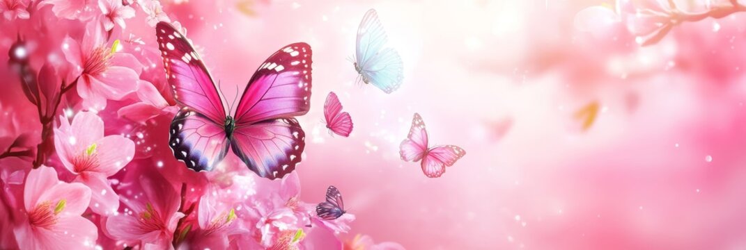 Fototapeta A beautiful image of pink cherry blossoms with butterflies in flight, creating a delicate and ethereal atmosphere. The image evokes feelings of spring, nature, beauty, hope, and new beginnings.