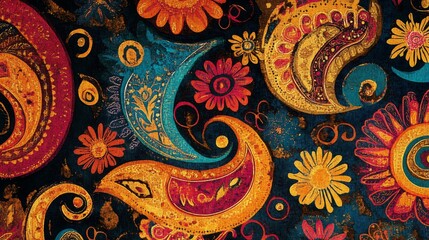 Abstract Floral Pattern on Canvas with Gold Accents, paisley, floral, art, texture