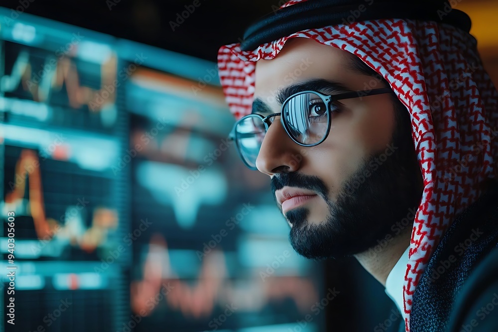 Poster closeup of a man wearing a keffiyeh and glasses looking at a computer screen with data - photo