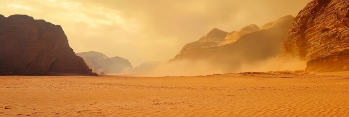 A breathtaking view of a vast desert landscape, featuring towering sandstone cliffs and a swirling...