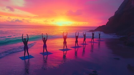 Sunset Yoga Serenity:  A group of women in silhouette practice yoga on a beach at sunset, embracing the tranquility and breathtaking beauty of the moment.  The warm glow of the setting sun casts a gol